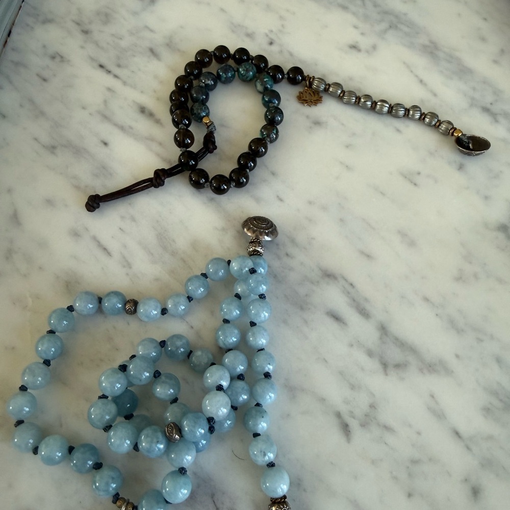 Aquamarine & Smokey Quartz Wrap Bracelets With Sterling Silver Charm